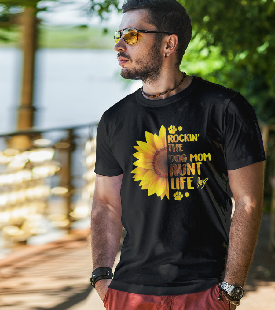 Rockin' The Dog Mom Aunt Life Sunflower Paw Prints T-Shirt