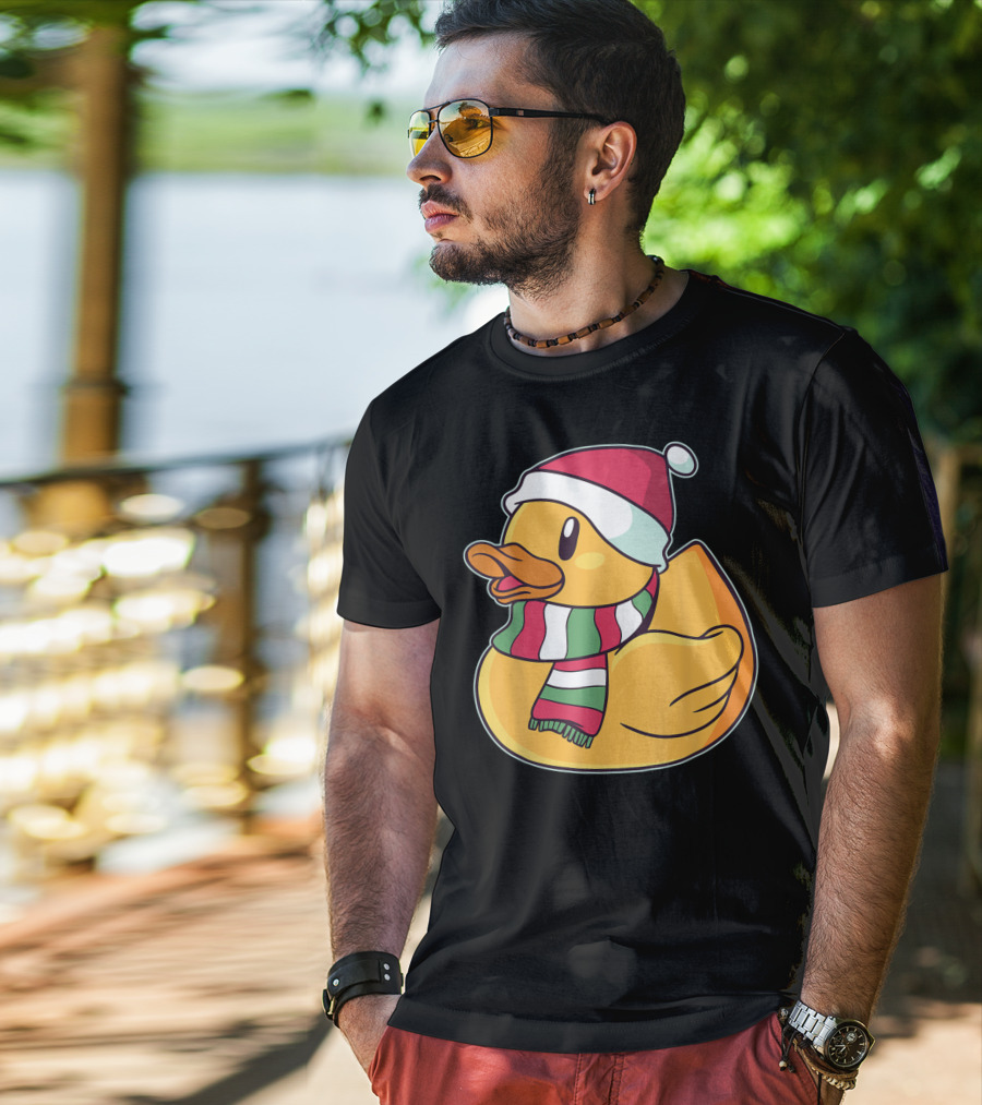 Xmas Rubber Ducky Duckie Duck With Santa Hat And Scarf T-Shirt