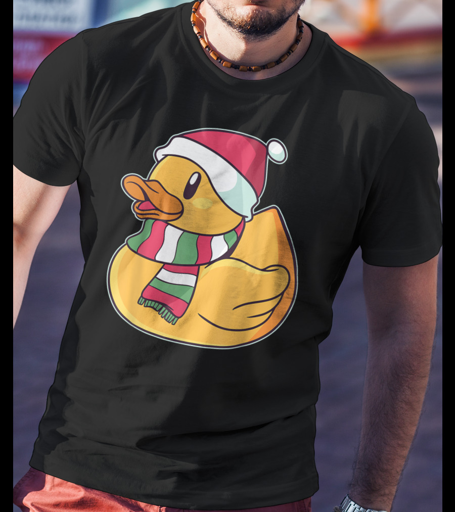 Xmas Rubber Ducky Duckie Duck With Santa Hat And Scarf T-Shirt