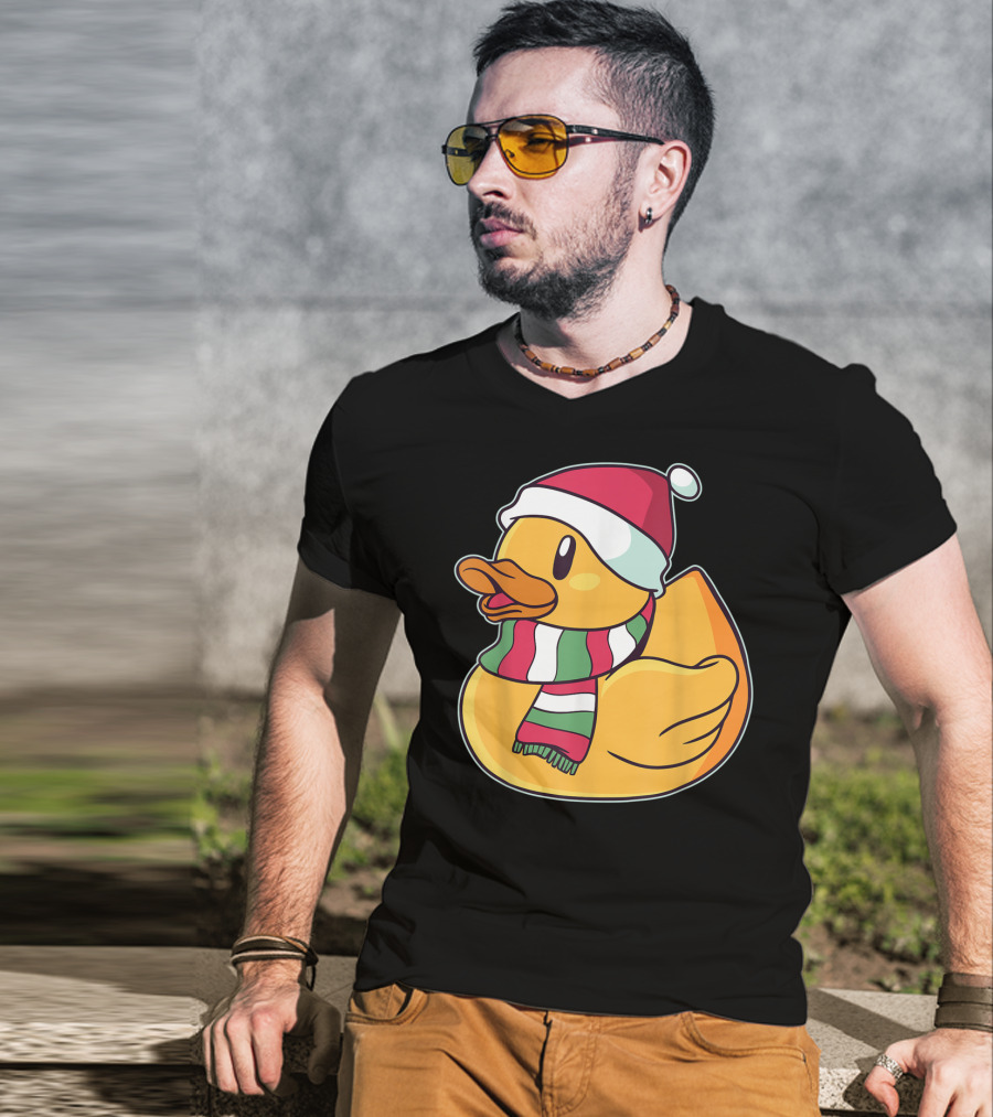 Xmas Rubber Ducky Duckie Duck With Santa Hat And Scarf T-Shirt
