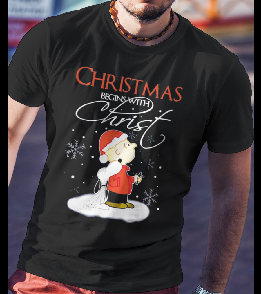 Christmas Begins With Christ Xmas Holiday Boy And Dog With Snowflakes T-Shirt