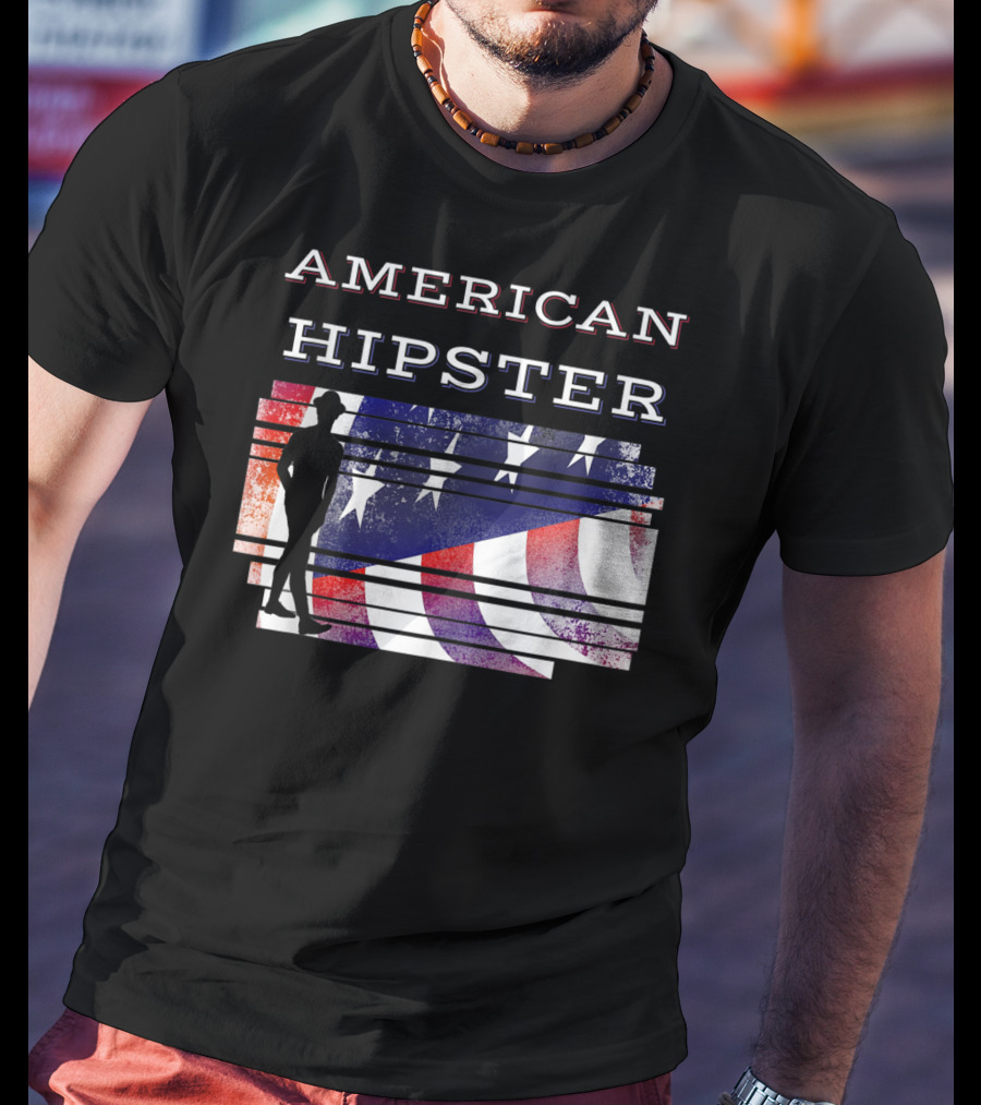 American Hipster Silhouette With Distressed US Flag Background T-Shirt