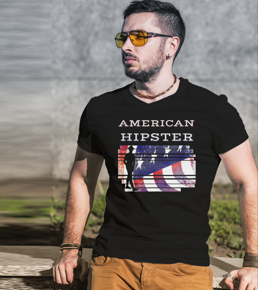 American Hipster Silhouette With Distressed US Flag Background T-Shirt