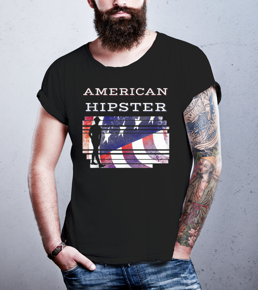 American Hipster Silhouette With Distressed US Flag Background T-Shirt