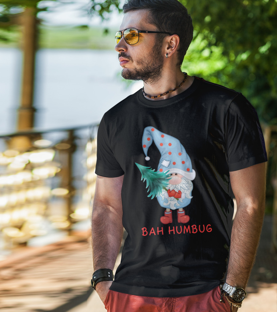 Bah Humbug Christmas Gnome With Festive Hat And Tree T-Shirt
