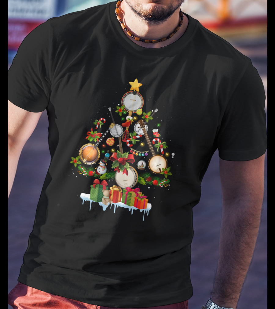 Banjo Christmas Tree With Lights And Gifts T-Shirt