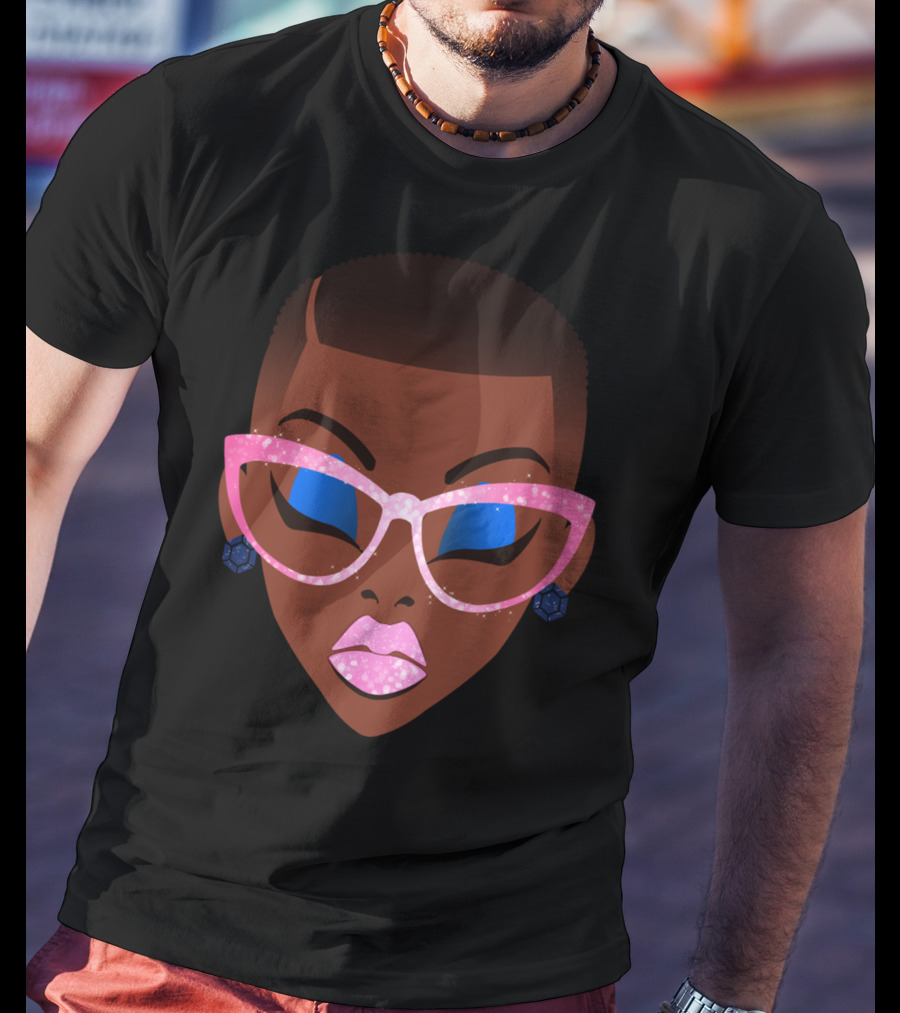 Beautiful Afro Black Girl With Natural Hair Pink Sparkle Glasses T-Shirt