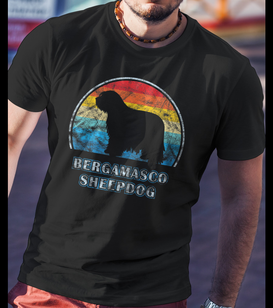 Bergamasco Sheepdog Retro Silhouette Vintage Stripes T-Shirt