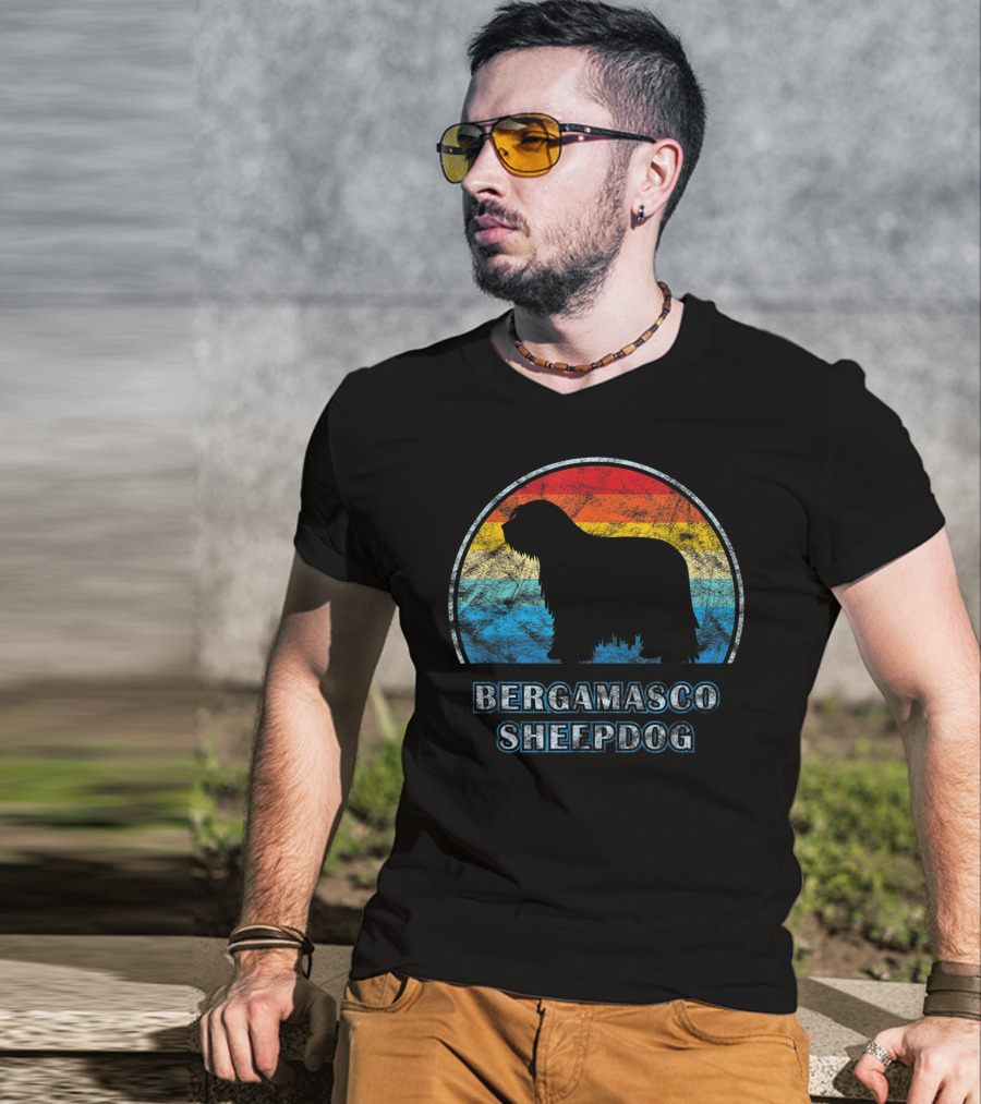 Bergamasco Sheepdog Retro Silhouette Vintage Stripes T-Shirt