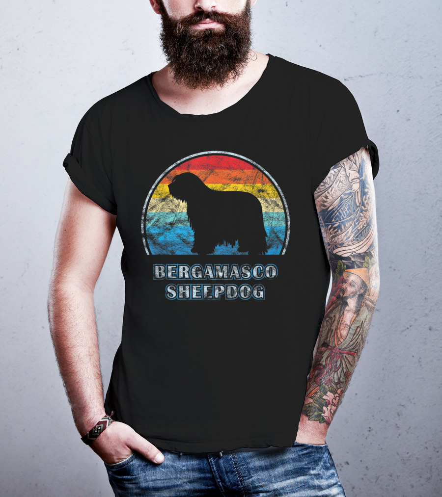 Bergamasco Sheepdog Retro Silhouette Vintage Stripes T-Shirt