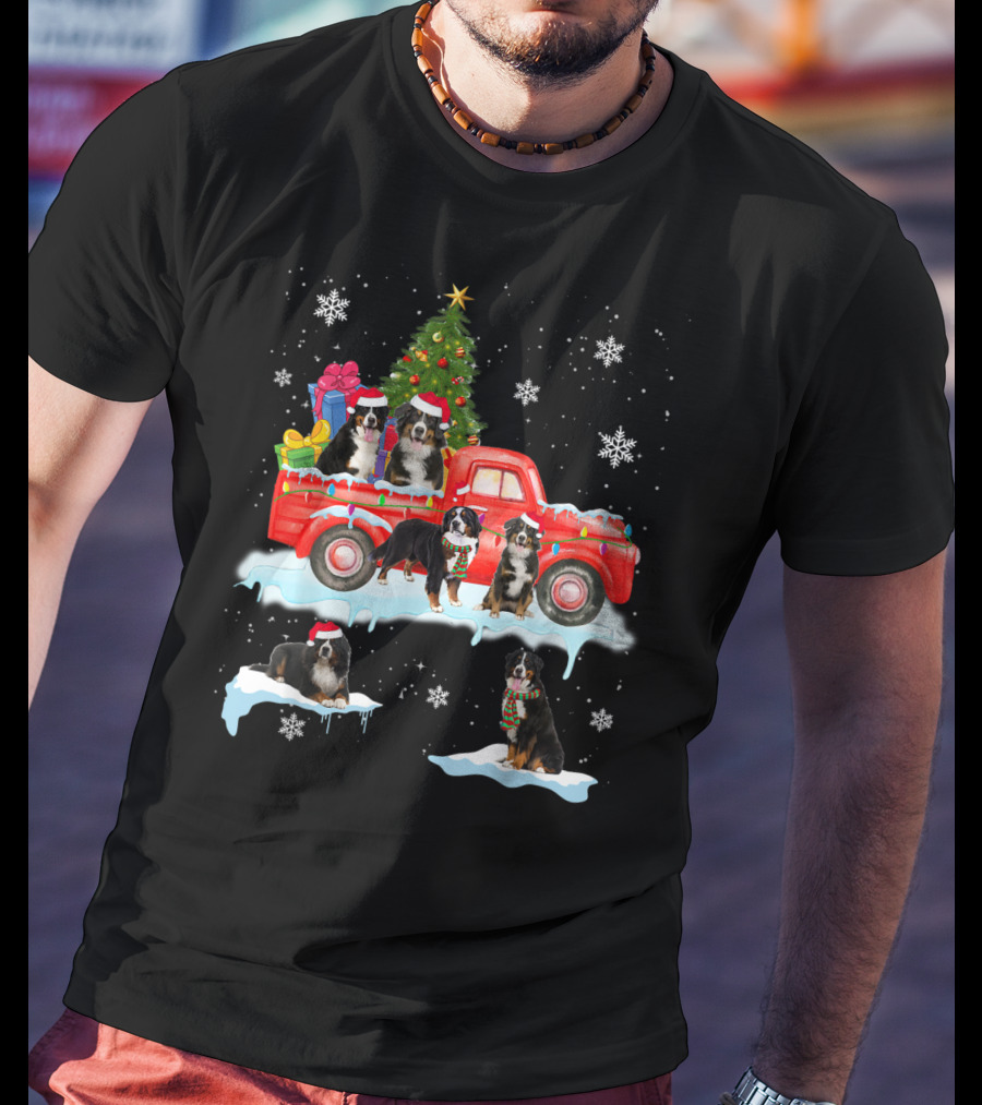 Bernese Mountain Dogs Christmas Red Truck Snowflakes T-Shirt