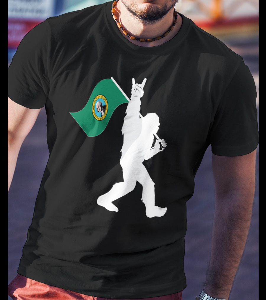 Bigfoot Holding Washington State Flag Rock And Roll Gesture T-Shirt