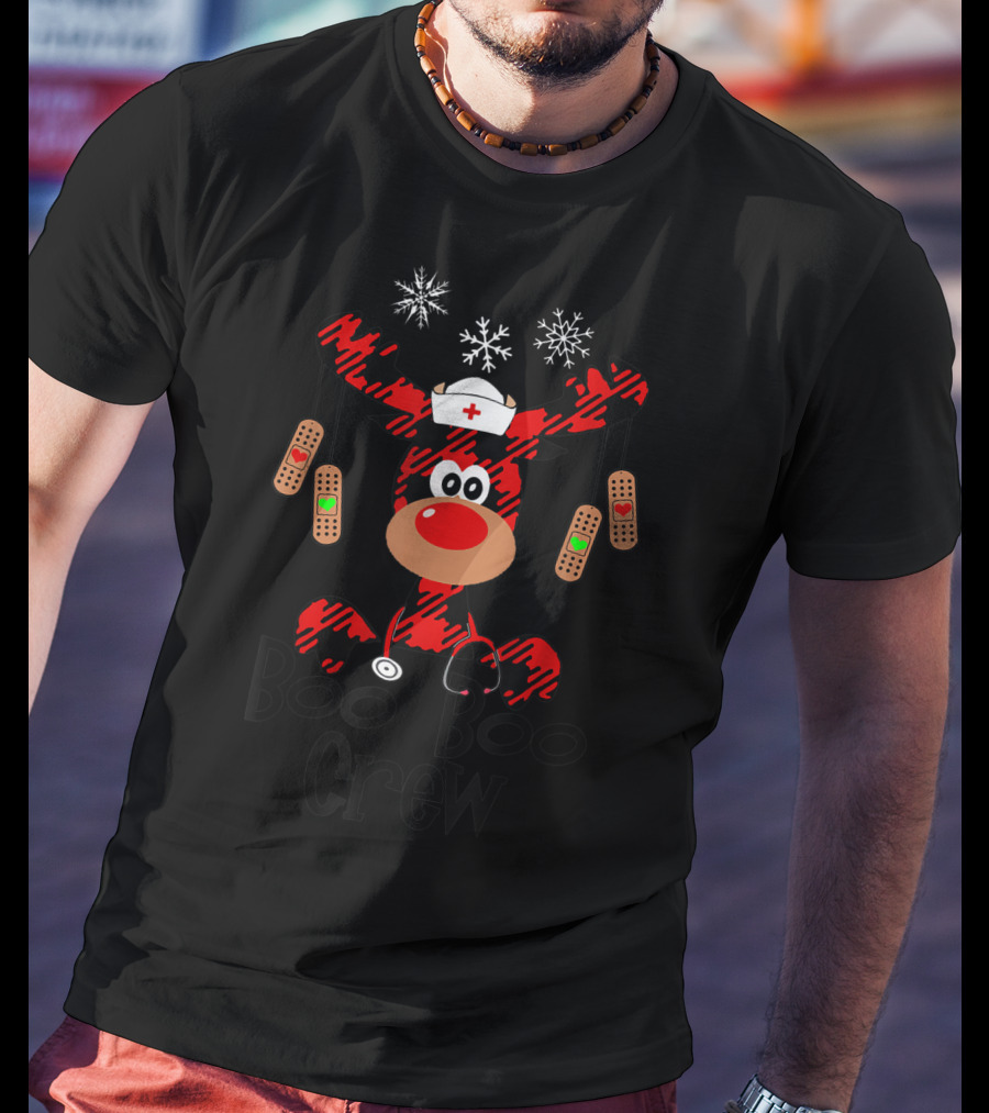 Boo Boo Crew Reindeer Nurse Christmas Buffalo Plaid Bandages Snowflakes T-Shirt