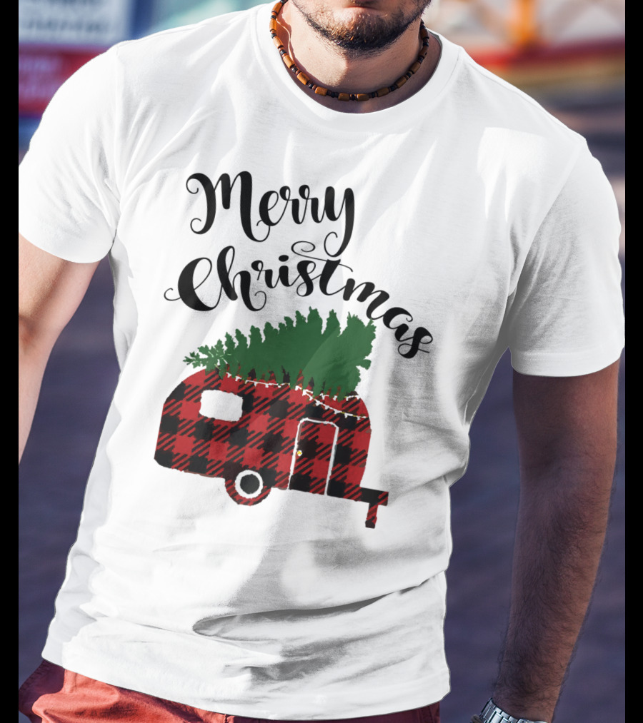 Merry Christmas Buffalo Plaid Camper With Tree T-Shirt