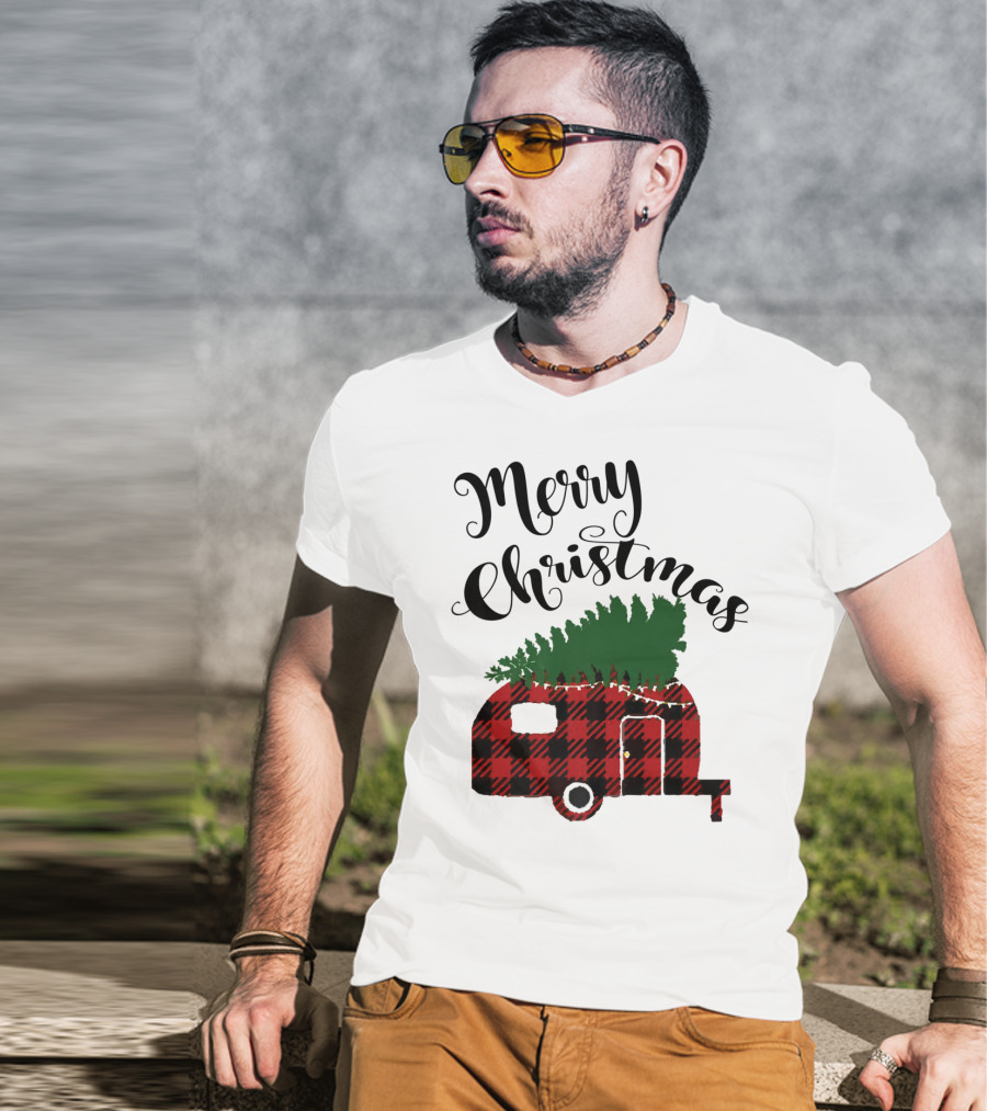 Merry Christmas Buffalo Plaid Camper With Tree T-Shirt