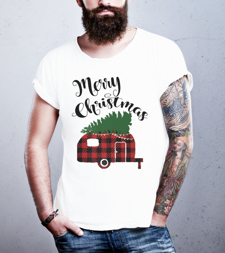 Merry Christmas Buffalo Plaid Camper With Tree T-Shirt