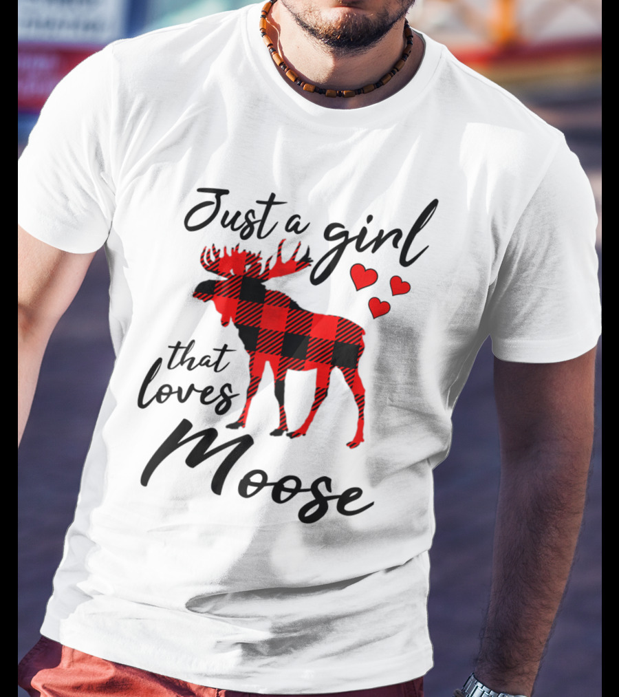 Just A Girl That Loves Moose Buffalo Plaid Hearts T-Shirt