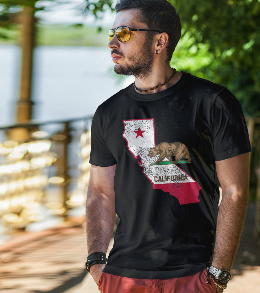 California Flag Bear And Star On State Outline T-Shirt