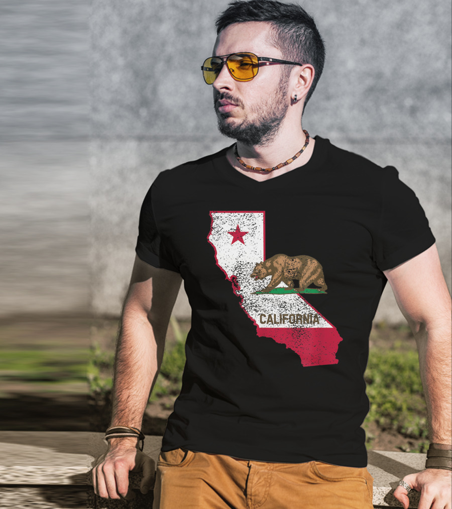 California Flag Bear And Star On State Outline T-Shirt