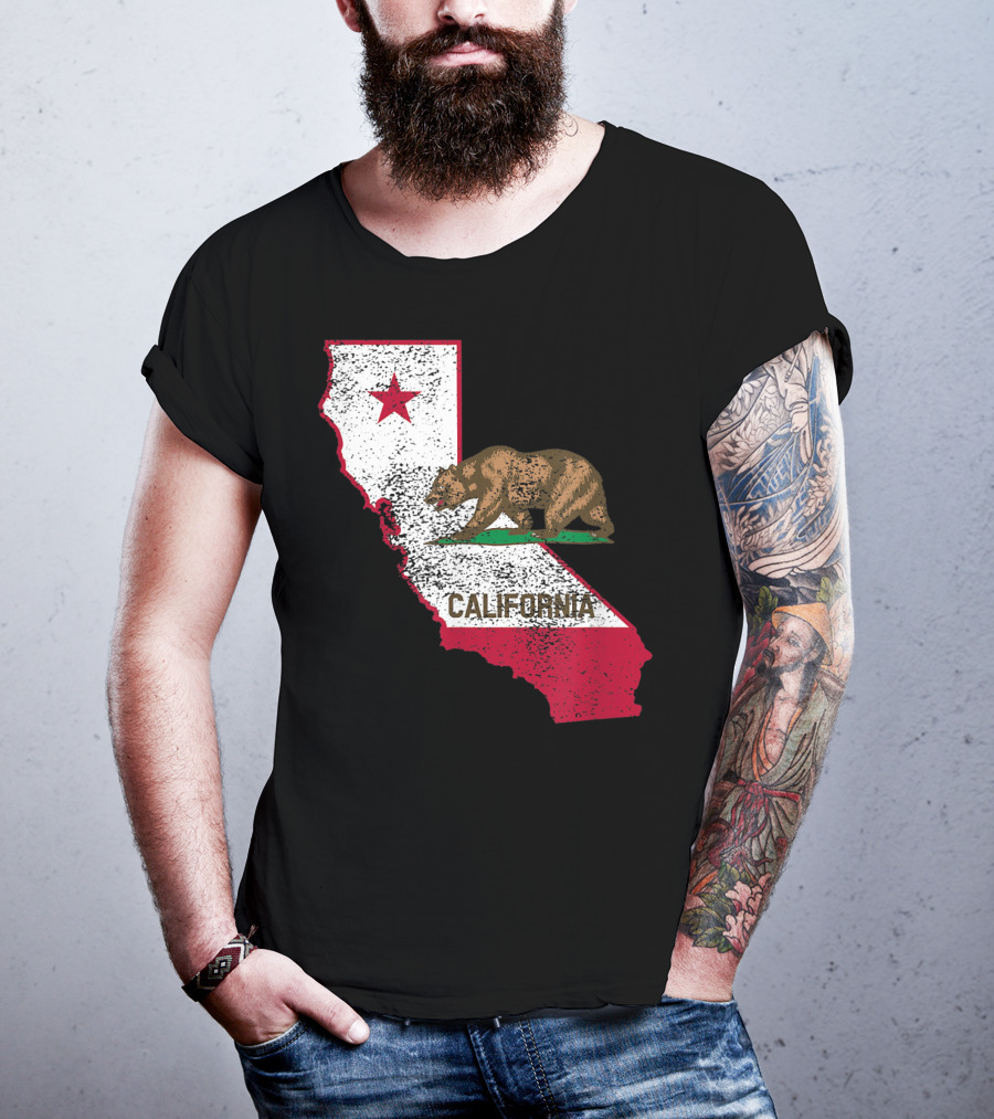 California Flag Bear And Star On State Outline T-Shirt