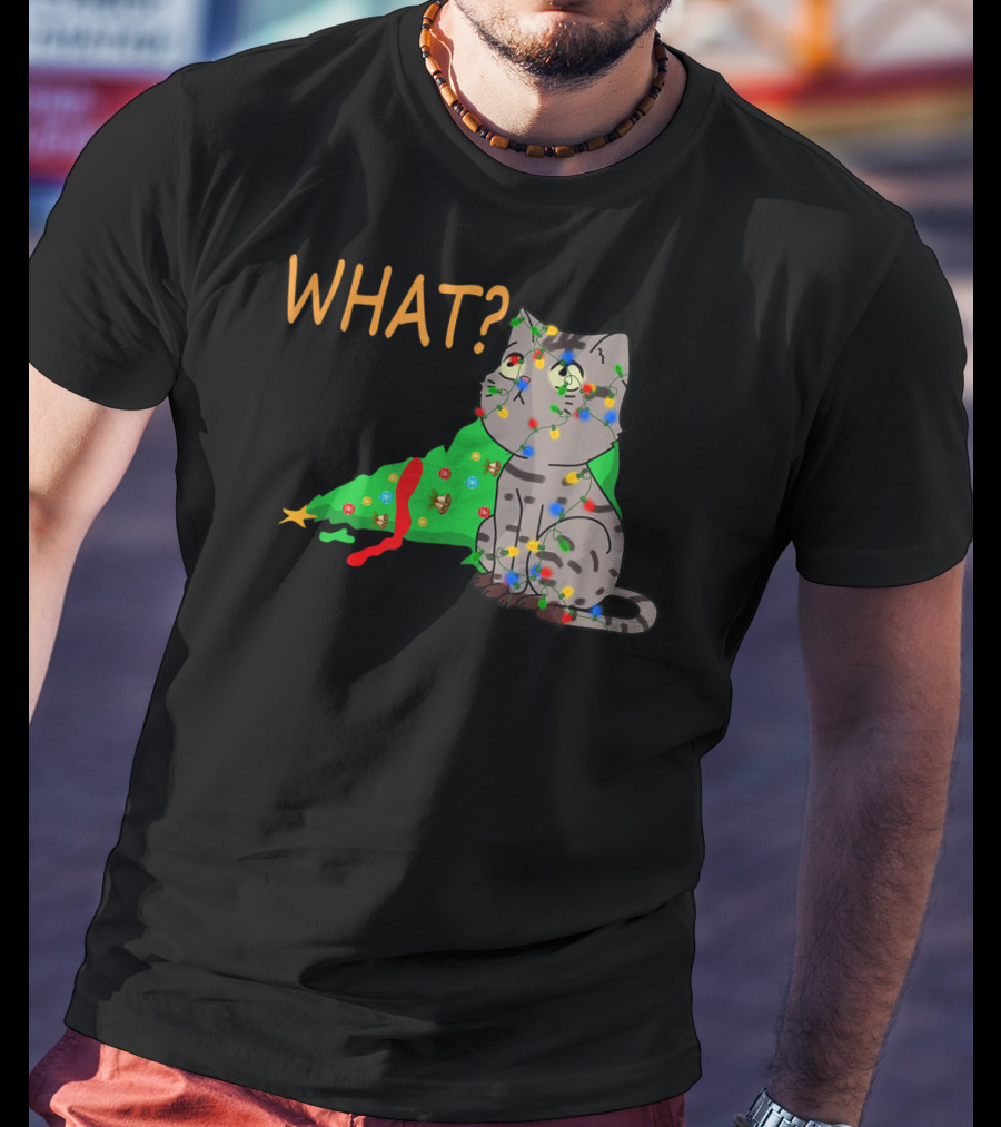 WHAT Funny Black Cat Christmas Tree T-Shirt
