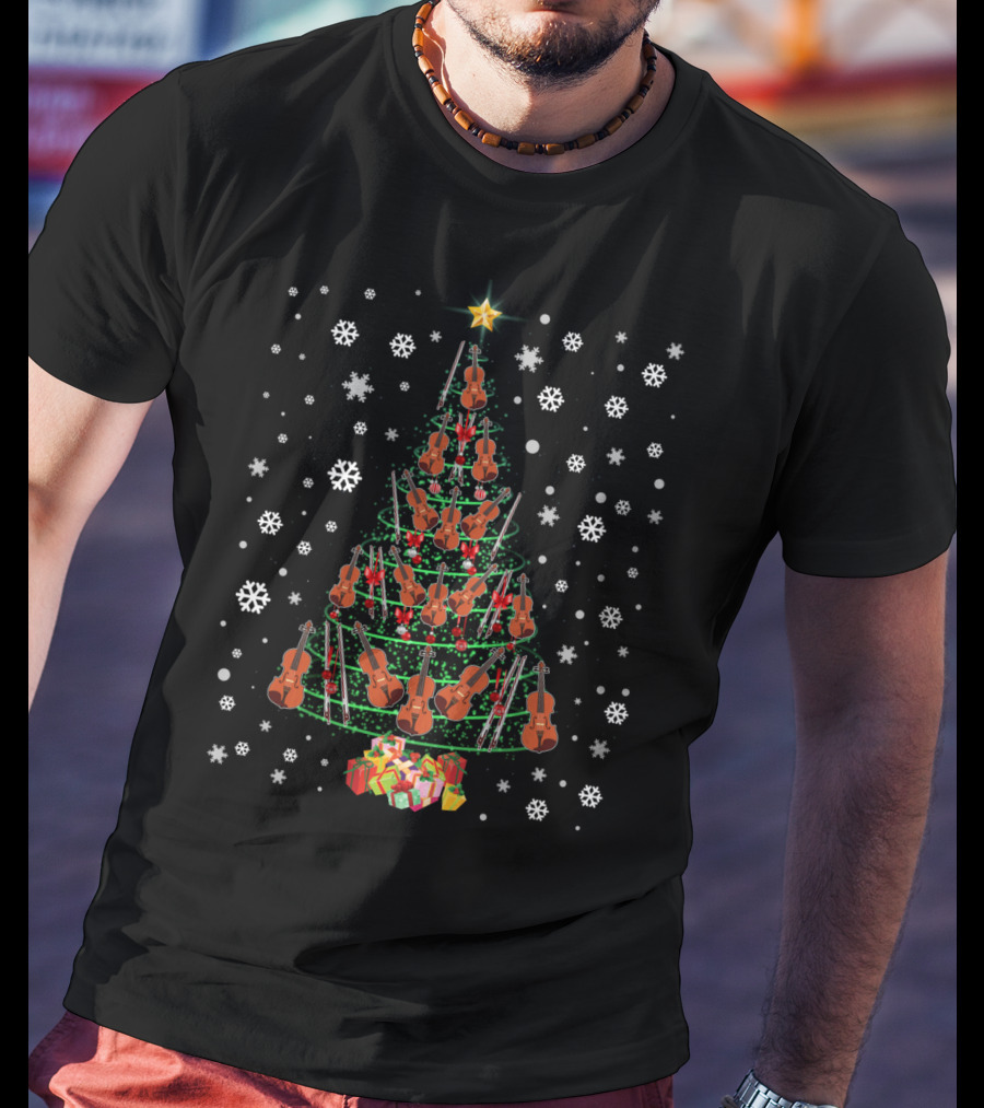 Cello Christmas Tree Merry Christmas Lights Snowflakes And Presents T-Shirt