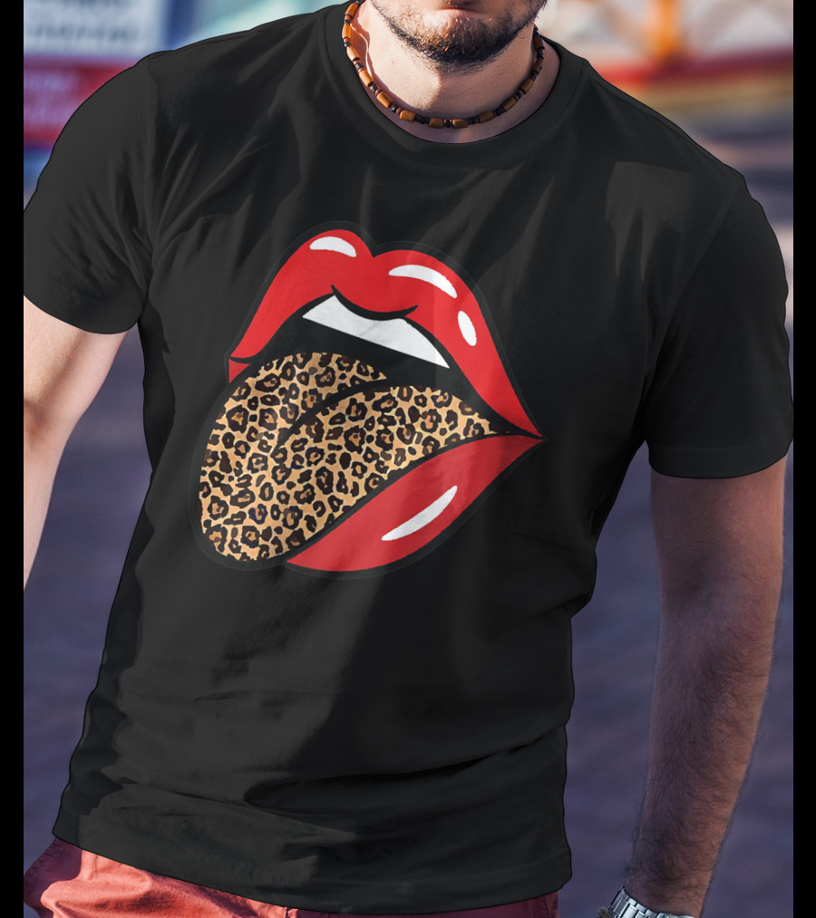 Chic Red Lips Leopard Print Tongue Rock Roll T-Shirt
