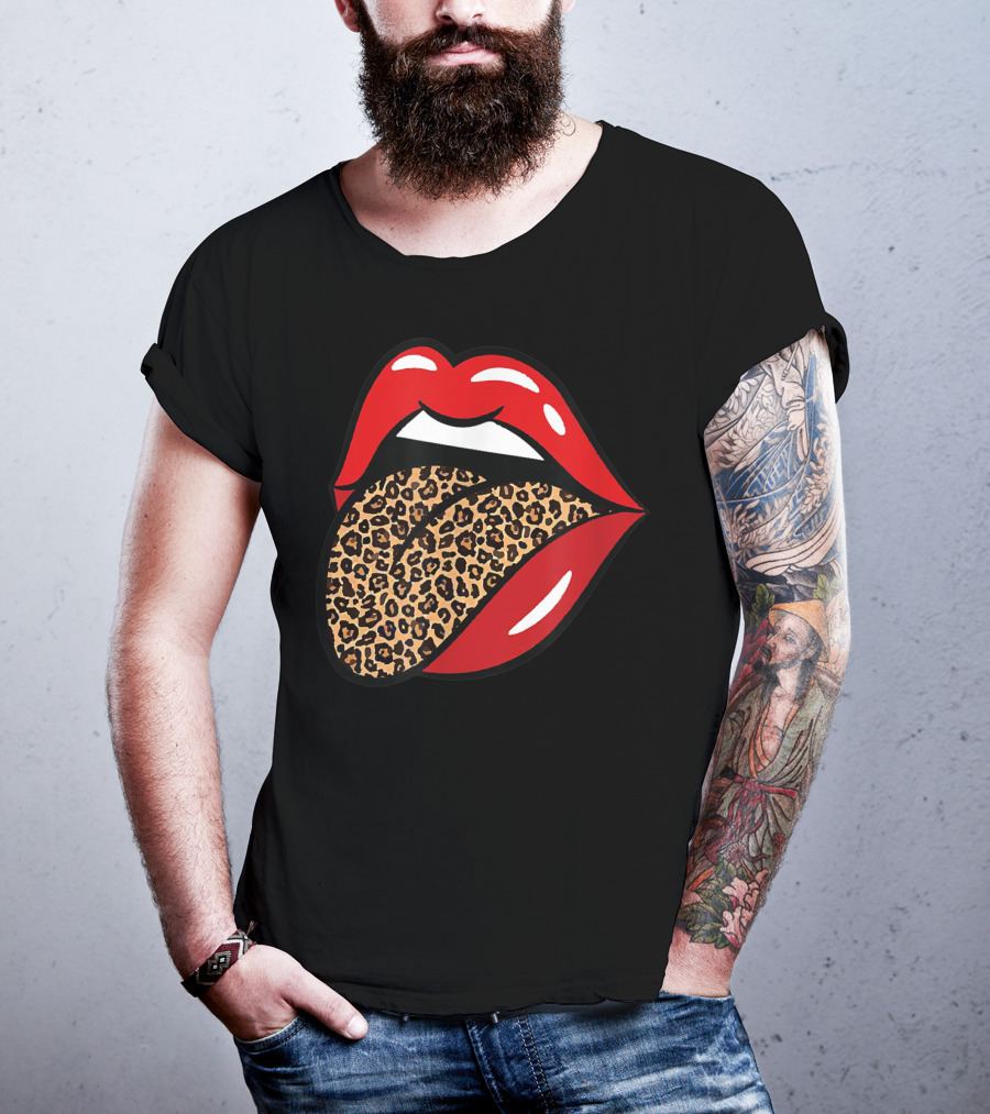 Chic Red Lips Leopard Print Tongue Rock Roll T-Shirt