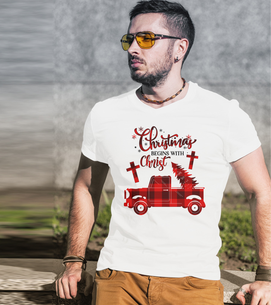 Christmas Begins With Christ Buffalo Plaid Red Truck With Tree And Crosses T-Shirt