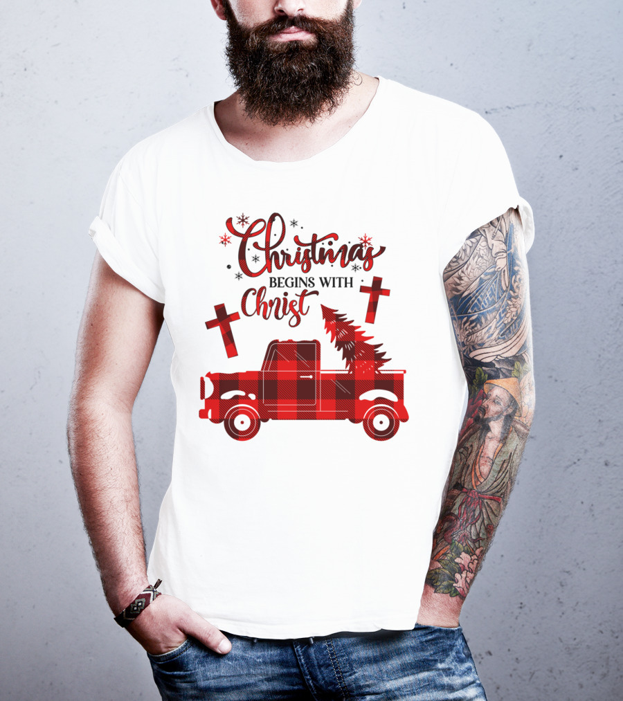 Christmas Begins With Christ Buffalo Plaid Red Truck With Tree And Crosses T-Shirt