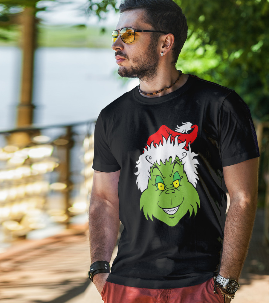 Grinch Christmas Face Santa Hat Smile T-Shirt