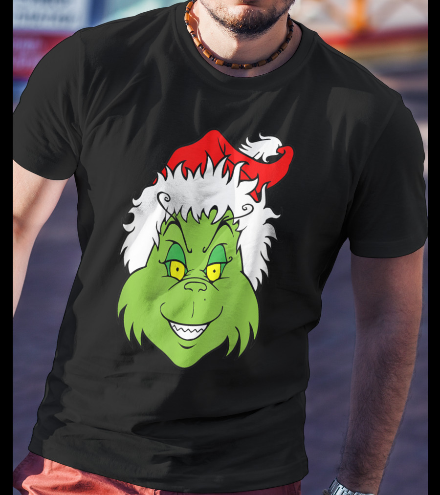 Grinch Christmas Face Santa Hat Smile T-Shirt