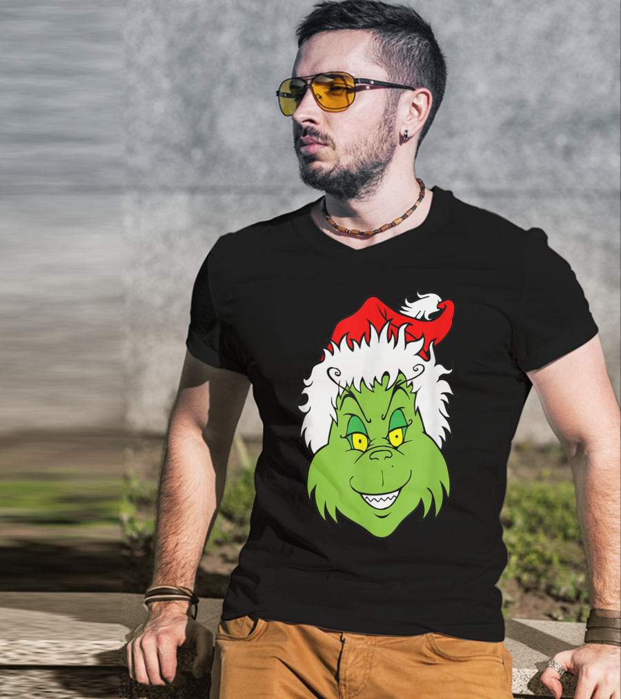 Grinch Christmas Face Santa Hat Smile T-Shirt