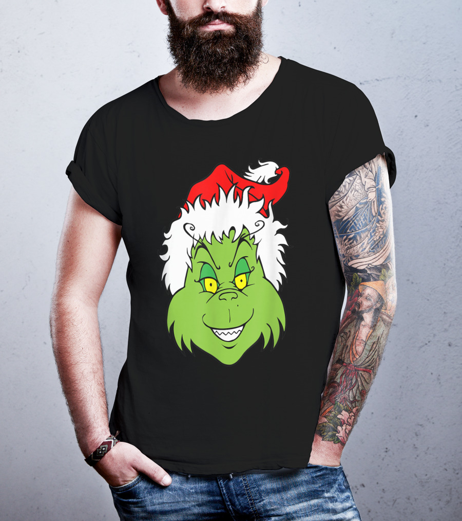 Grinch Christmas Face Santa Hat Smile T-Shirt