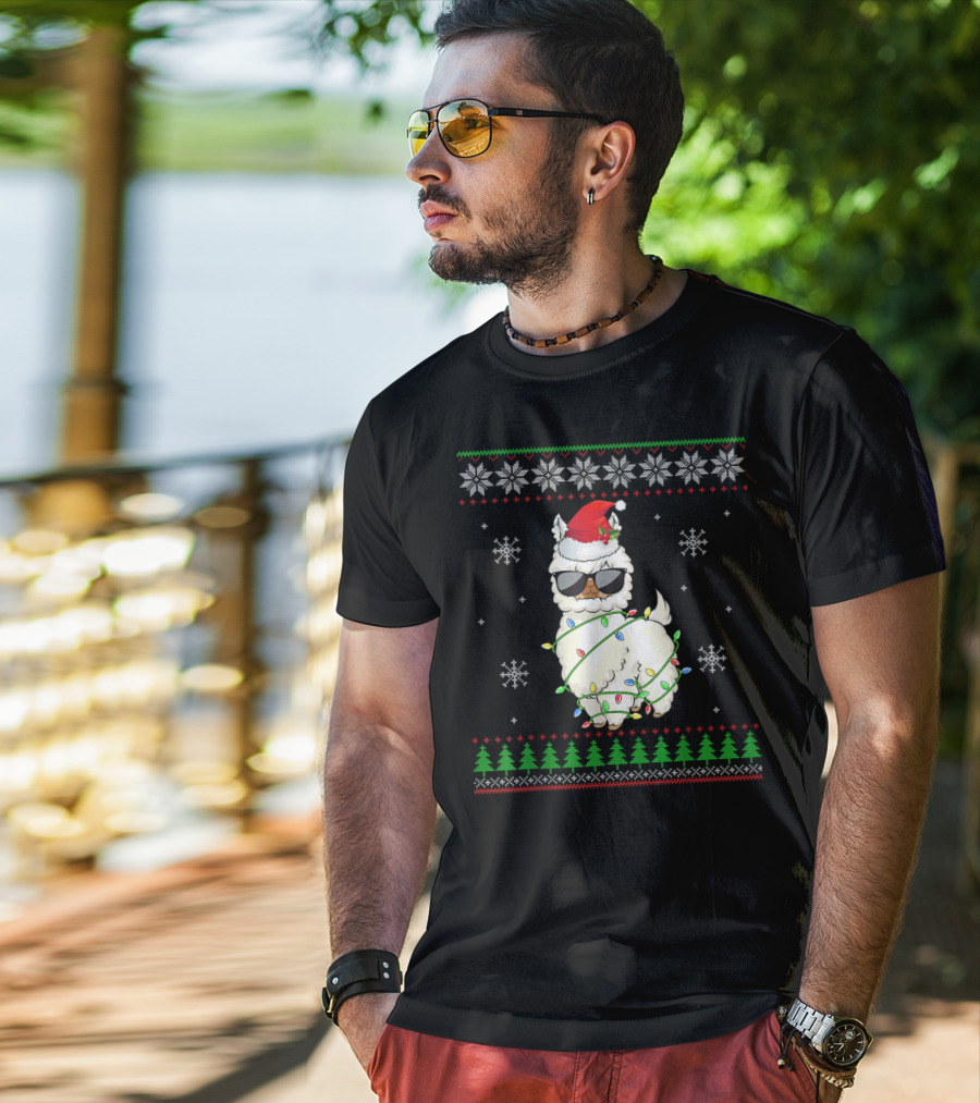 Santa Hat Sunglasses Llama Wrapped In Christmas Lights With Snowflakes And Trees T-Shirt
