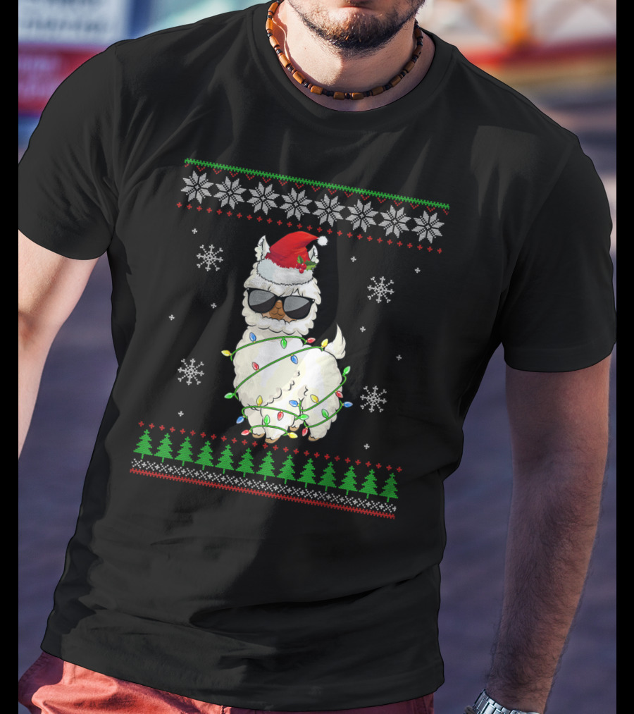 Santa Hat Sunglasses Llama Wrapped In Christmas Lights With Snowflakes And Trees T-Shirt