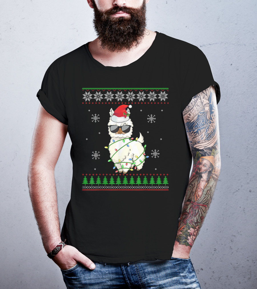 Santa Hat Sunglasses Llama Wrapped In Christmas Lights With Snowflakes And Trees T-Shirt