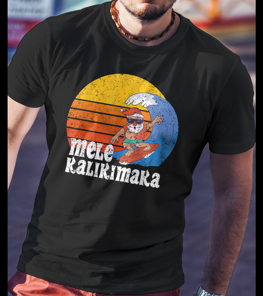 Mele Kalikimaka Surfing Santa Sunset Wave T-Shirt