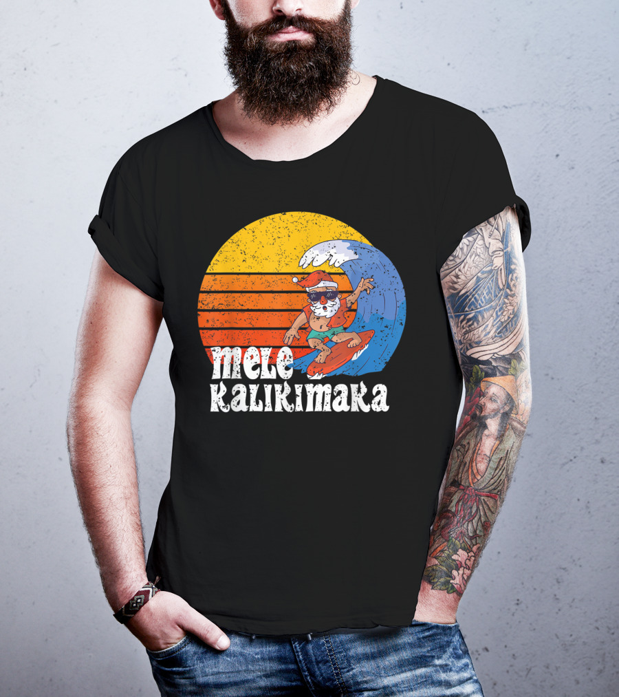 Mele Kalikimaka Surfing Santa Sunset Wave T-Shirt