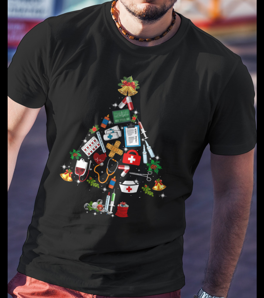 Christmas Tree Medical Tools Funny Nurse Stethoscope And Pills T-Shirt