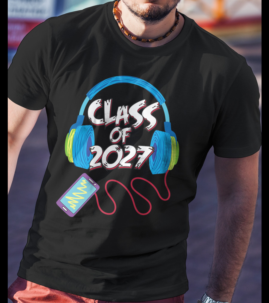 Class Of 2027 Headphones Smartphone 5th Grade Boy Girl T-Shirt