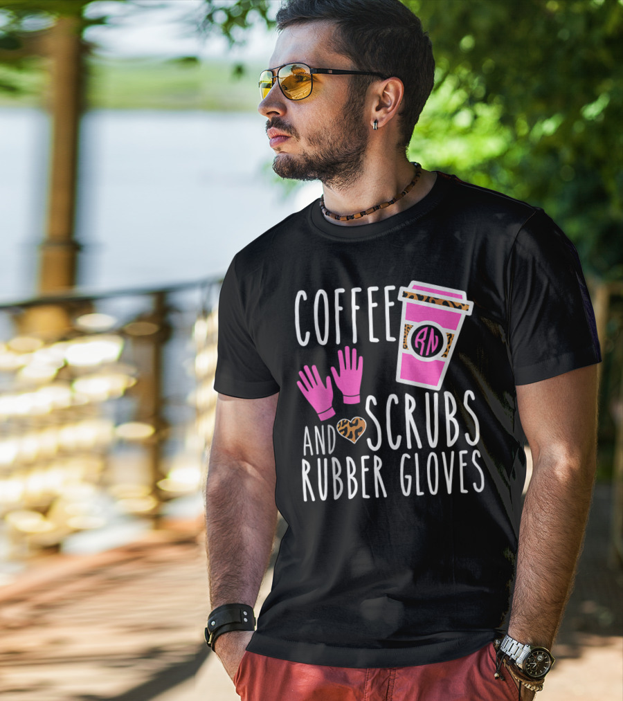 Coffee Scrubs And Rubber Gloves RN Pink Leopard Heart Nursing T-Shirt