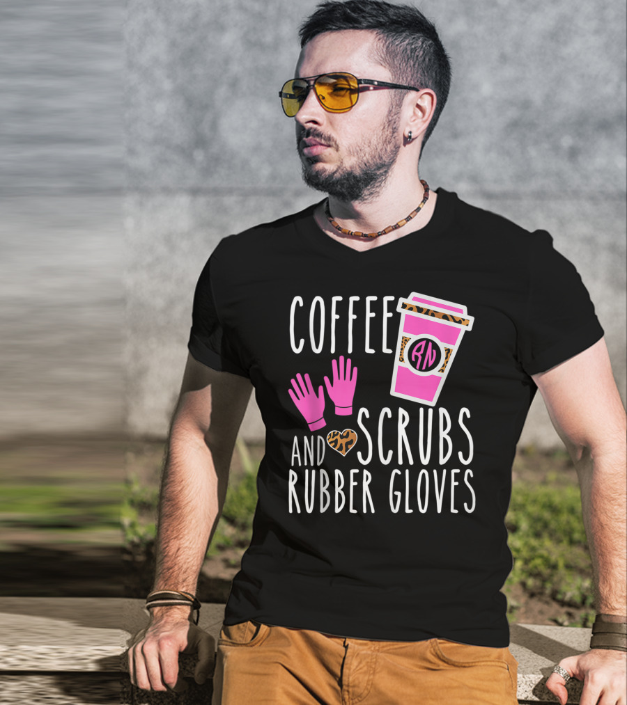 Coffee Scrubs And Rubber Gloves RN Pink Leopard Heart Nursing T-Shirt