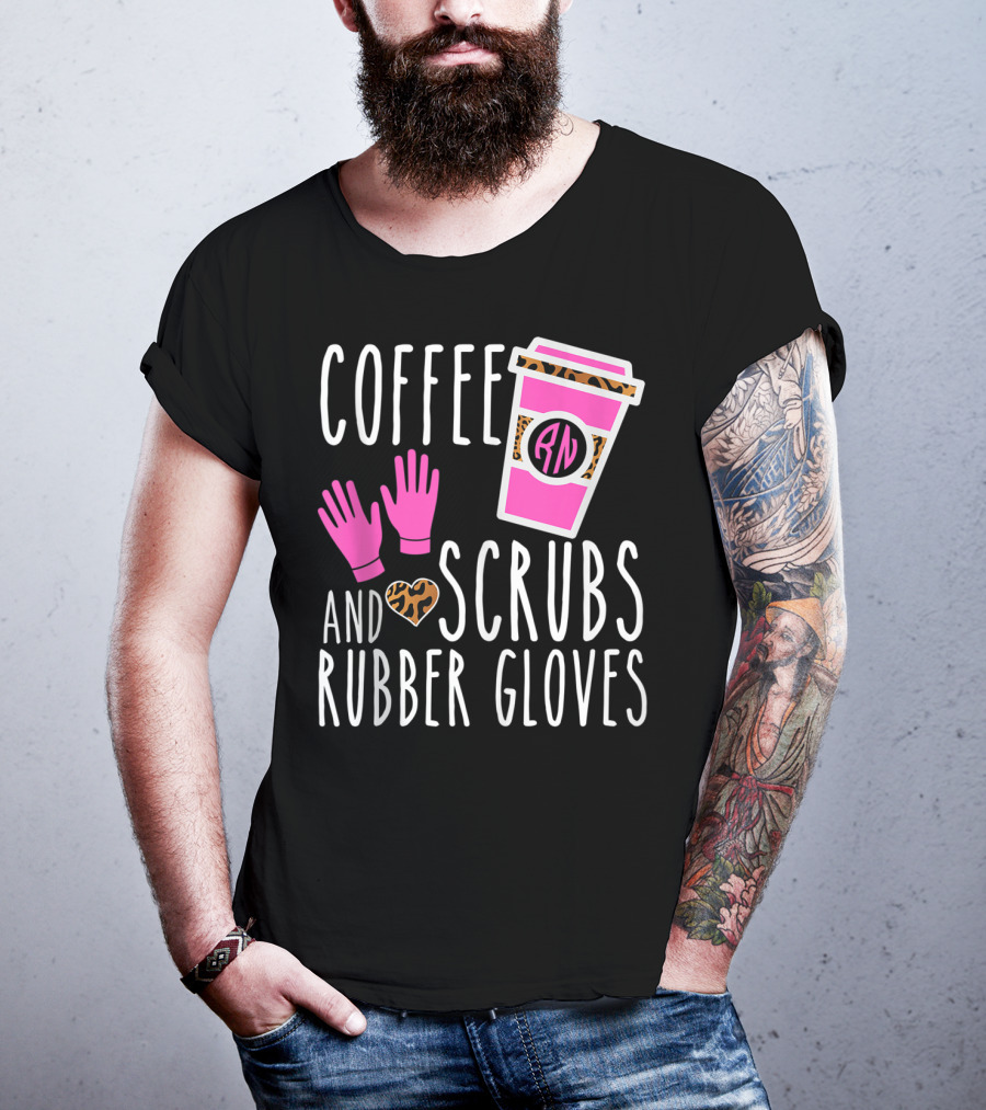 Coffee Scrubs And Rubber Gloves RN Pink Leopard Heart Nursing T-Shirt
