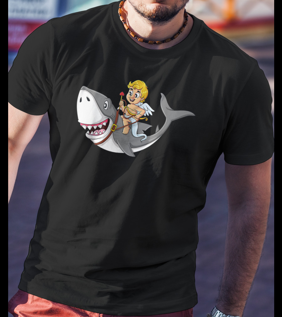 Cupid Riding Shark Valentines Day Iconic Funny Cartoon T-Shirt