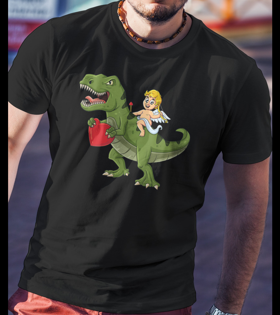 Valentine Cupid On Dinosaur With Heart And Arrow T-Shirt