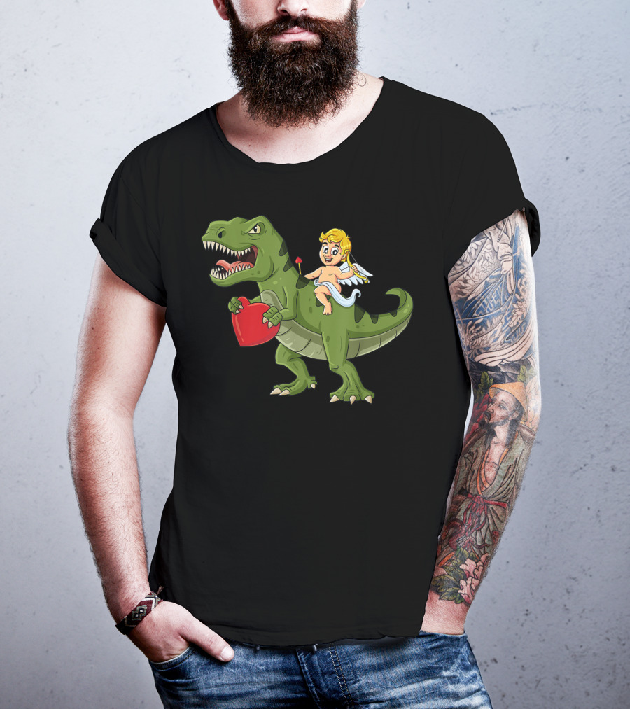 Valentine Cupid On Dinosaur With Heart And Arrow T-Shirt