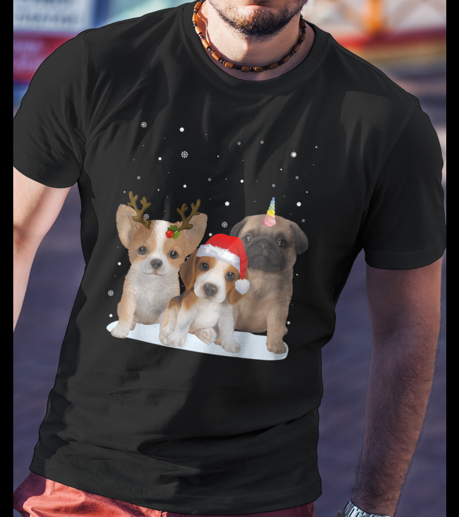 Cute Dogs Reindeer Horns Santa Hat Unicorn Snowflakes T-Shirt