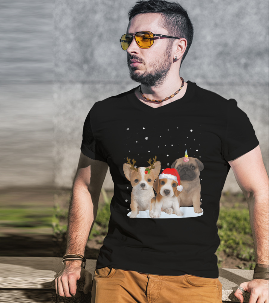 Cute Dogs Reindeer Horns Santa Hat Unicorn Snowflakes T-Shirt