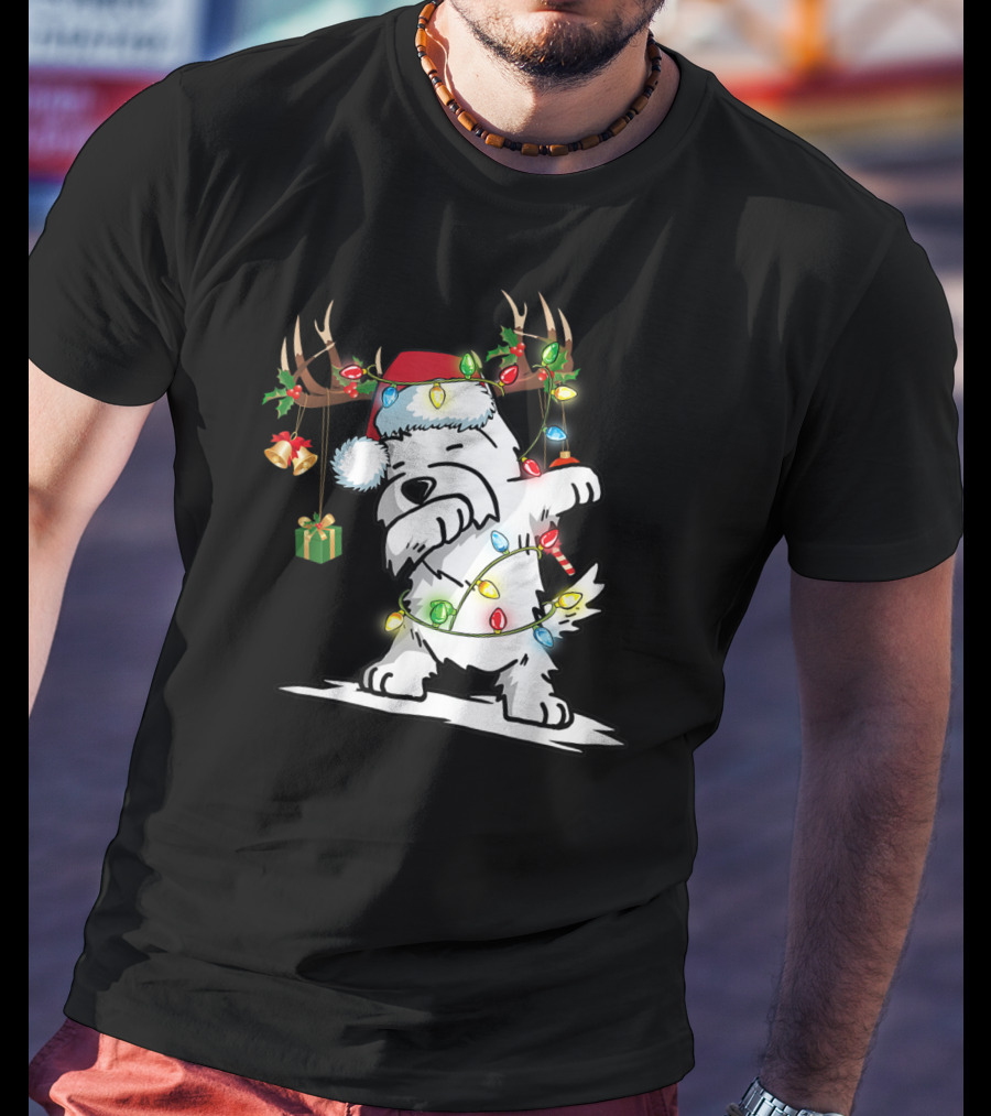 Dabbing Westie Dog Reindeer Lights Santa Hat Christmas Gifts T-Shirt